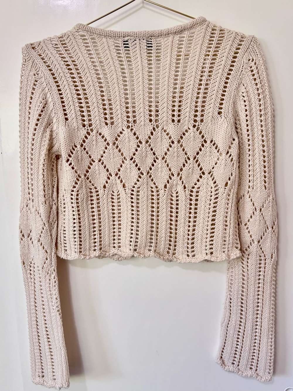 RD Style| Cream Open-Knit Tie-Front Cropped Cotton Blend Crochet Cardigan Sz XS - Picture 4 of 7
